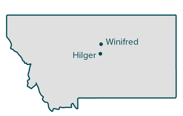 Montana map showing the location of Winifred and Hilger